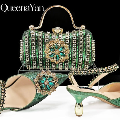 Elegant Rhinestone-Embellished Heels And Gold Mini Bag Set for Night Outfits Women's Fashion Accessory Combo