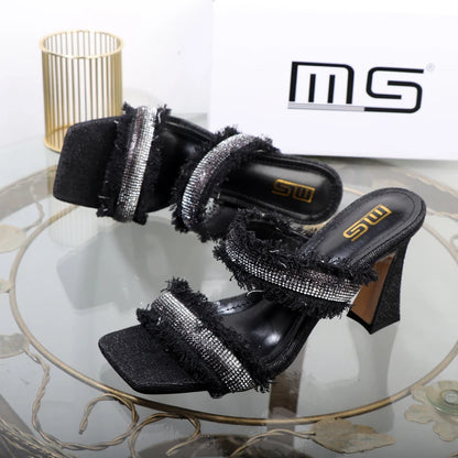 Denim women slippers 2025 new rhinestone plush stiletto heels women outdoor fashion women's slippers Luxury elegant women shoes