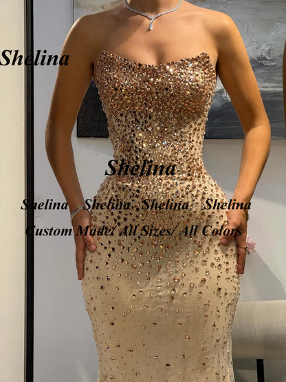 Shelina Glittering Mermaid Prom Dresses For Women Sweetheart Rhinestones Sleeveless Formal Evening Vestidos De Noche Customized