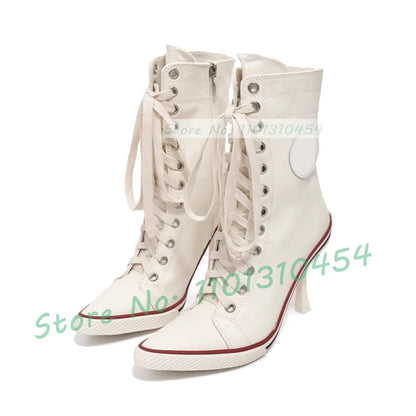 White High Heel Canvas Ankle Boots Women Front Cross-tied Pointy Toe Shoes Side Zipper Sexy Girls Sporty Casual High Top Booties