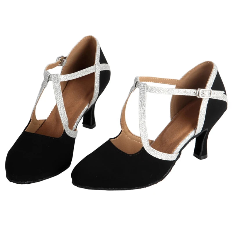 New Latin Dance Shoes Ladies Salsa Tango Ballroom Party High Heels Black Silver Summer Closed Toe Women's Shoes Dancing Shoes