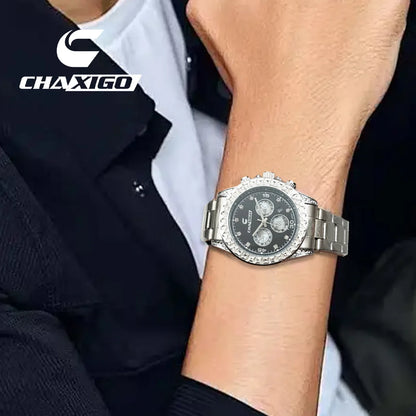 CHAXIGO 300 Diamond Studded Multi Functional Men's Quartz Watch Business Timing Steel Belt Light Luxury Calendar Watches for Man