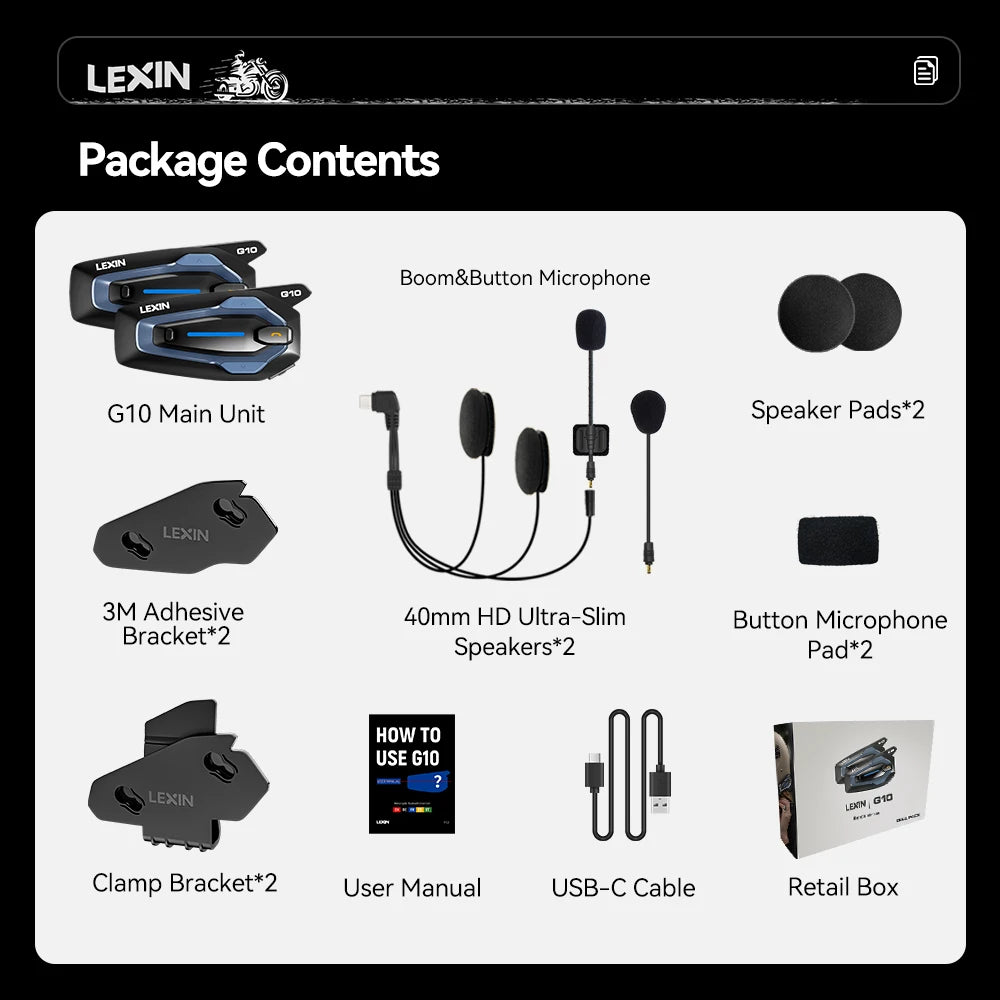NEW-LEXIN G10 Motorcycle Helmet Intercom,8 riders Dual Qualcomm Bluetooth 5.1 intercom,Parallel Audio- intercom and stream music