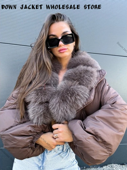 Winter Female White Duck Down Jacket Luxury Loose Short Fashion Casual Women Warm Real Fox Fur Coat Long Sleeve Puffer Jacket