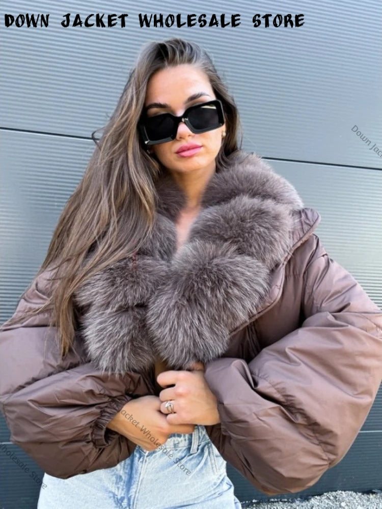 Winter Female White Duck Down Jacket Luxury Loose Short Fashion Casual Women Warm Real Fox Fur Coat Long Sleeve Puffer Jacket