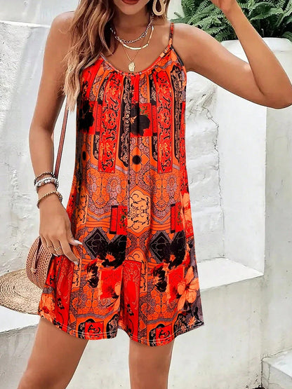 Women's All-Over Print Sleeveless Jumpsuit - Round Neck Strappy Romper, Vacation Beach Outfit, Flowy Summer Short Jumpsuit