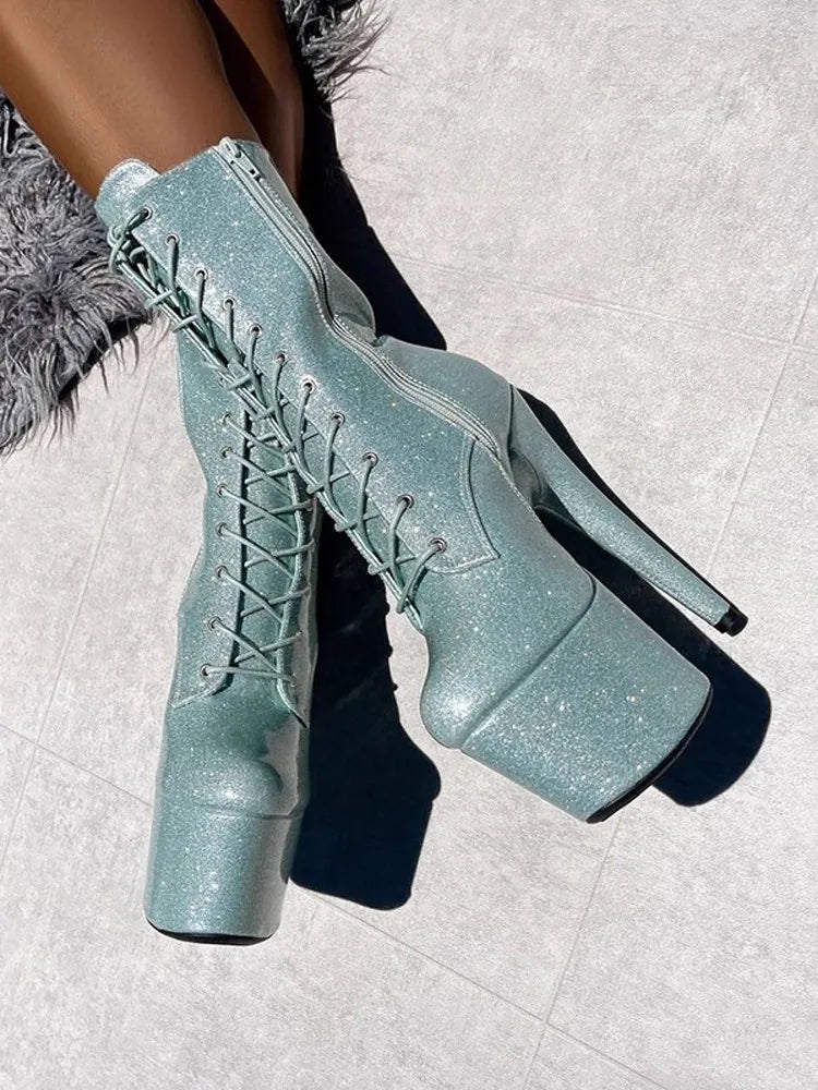 20CM/8Inch Bling Pole Dance Boots Woman Glossy Patent leather Red lace-up Nightclub Shoes Extreme high heel Platform Short Boots