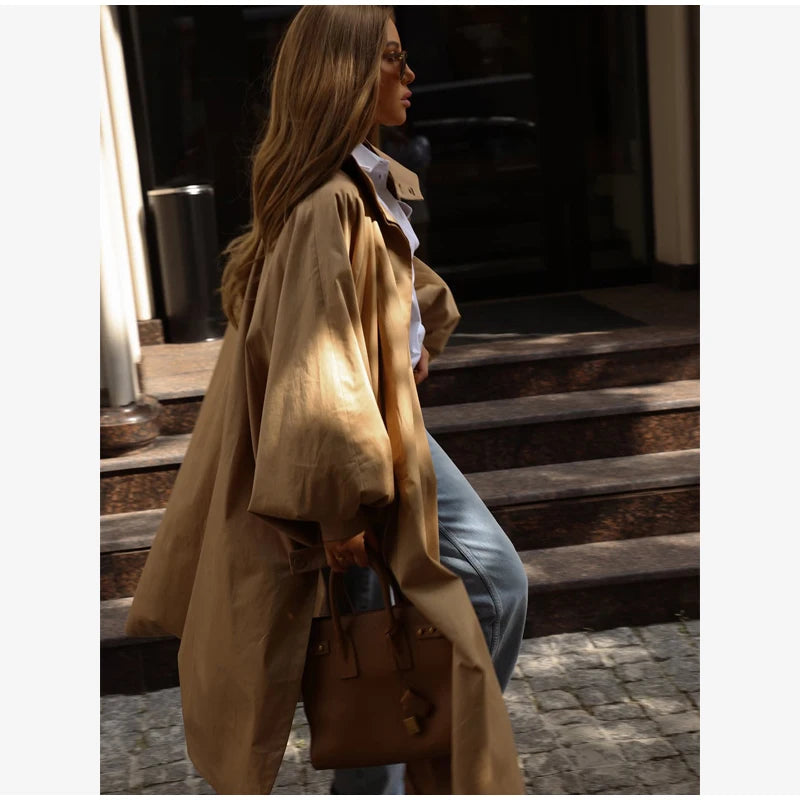 Women's Brown Stand Up Collar Long Long Trench Coat  Lantern Sleeve Side Slit Loose Windbreaker 2026 Spring Autumn Fashion Coat