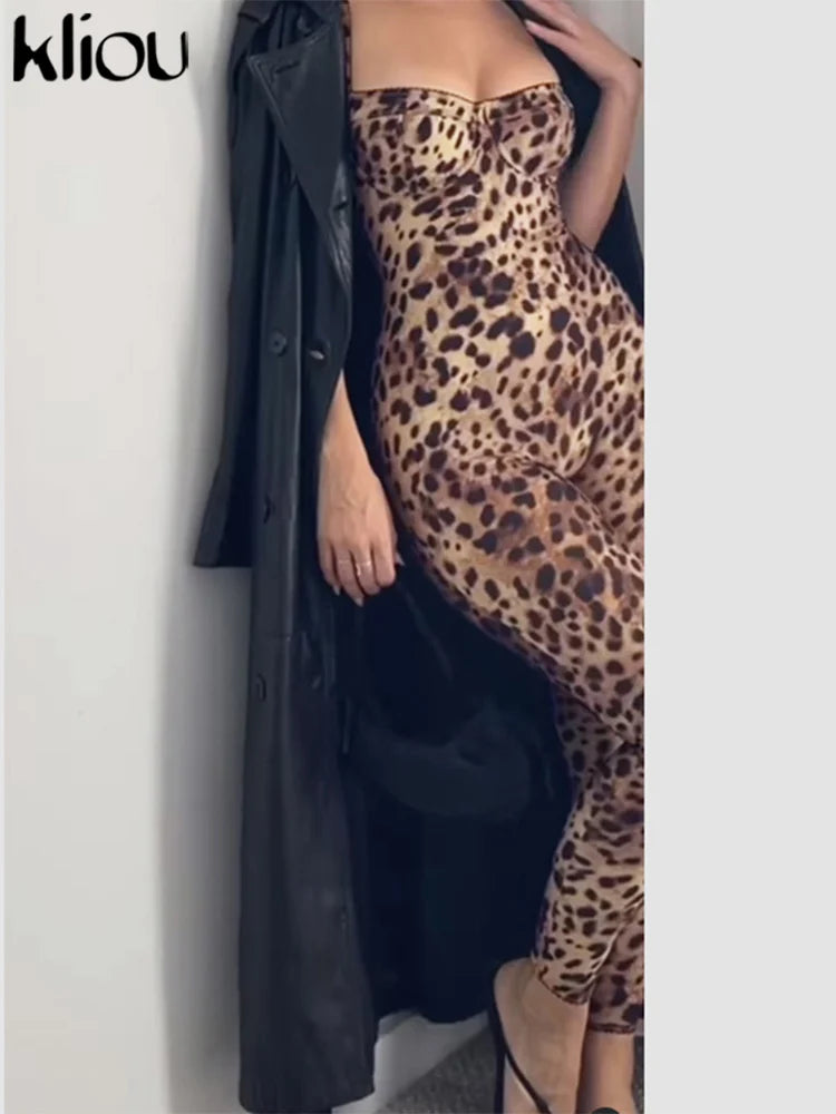 kliou Leopard Printed Women Jumpsuits Sexy Hot Popular Low Neck Spaghetti Strap Skinny Overalls Female Trend Midnight Clubwear