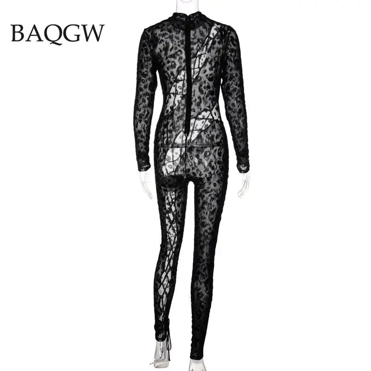 Skinny Hollow Out Cross Bandage Patchwork Jumpsuits Women Leopard Print Retro Fashion Sexy Cleavage Bodycon Party Clubwear Hot