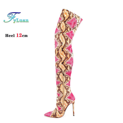 Over The Knee Snake Print Boots Women 12CM Thin High Heel Winter Shoes Plus Size 45 46 47 Stiletto Pointed Thigh Boots For Woman
