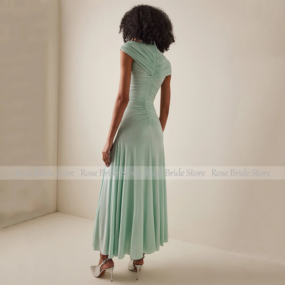 Mint Formal Party Dress Maxi Pleated Spandex Tulle High Collar Mermaid Evening Gowns for Women Cap Sleeve Ankle Length Prom Gown