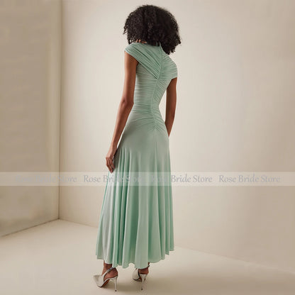 Mint Formal Party Dress Maxi Pleated Spandex Tulle High Collar Mermaid Evening Gowns for Women Cap Sleeve Ankle Length Prom Gown