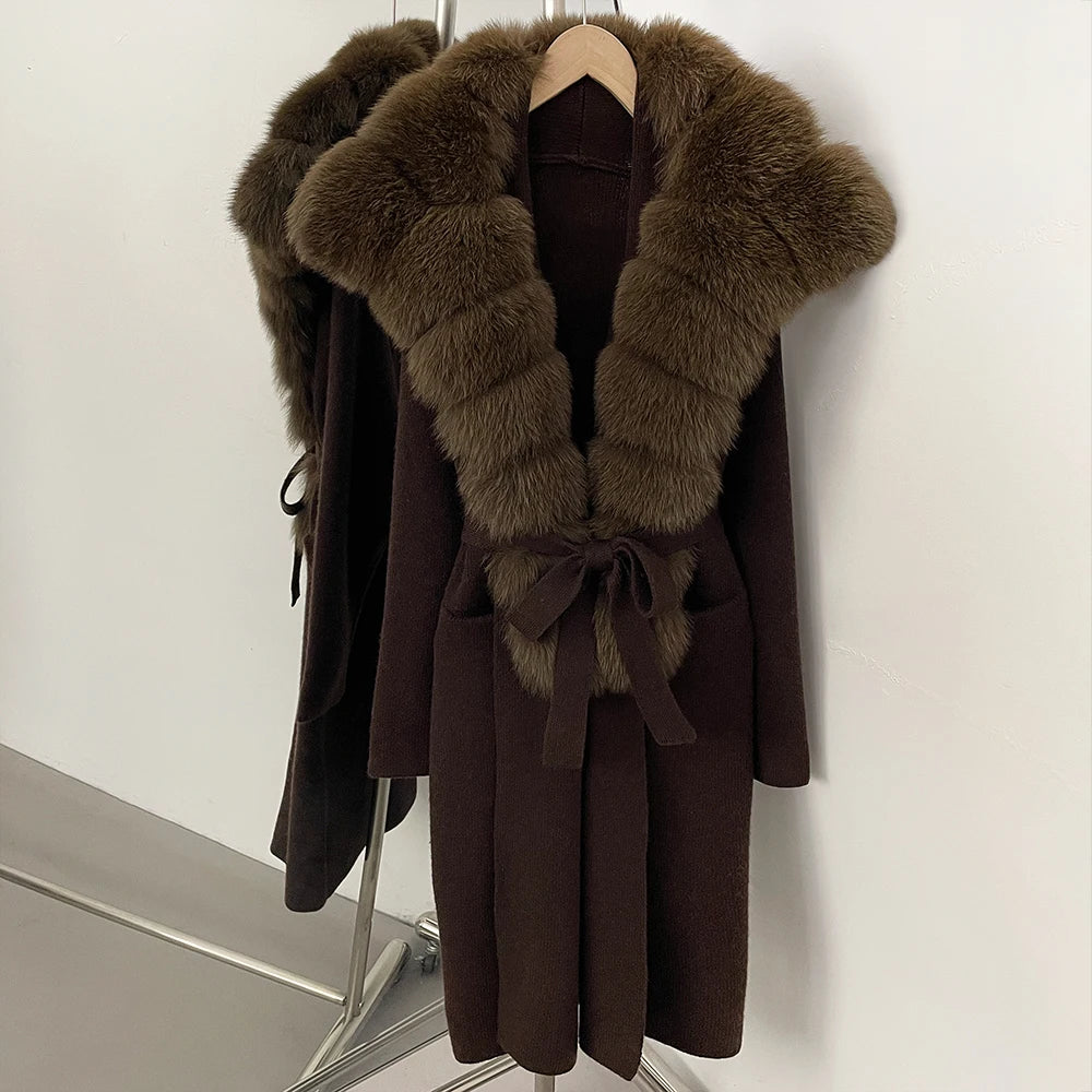 OFTBUY Fashion Warm Belt Real Fox Fur Cardigan New Natural Fur Collar Long Knit Jacket Women Atrumn Winter Top Clothing Female