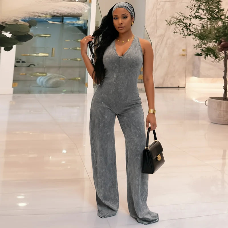 Casual sports faux washed printed headband paired with backless flared jumpsuit