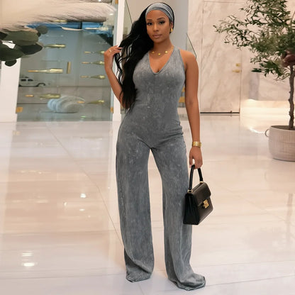 Casual sports faux washed printed headband paired with backless flared jumpsuit
