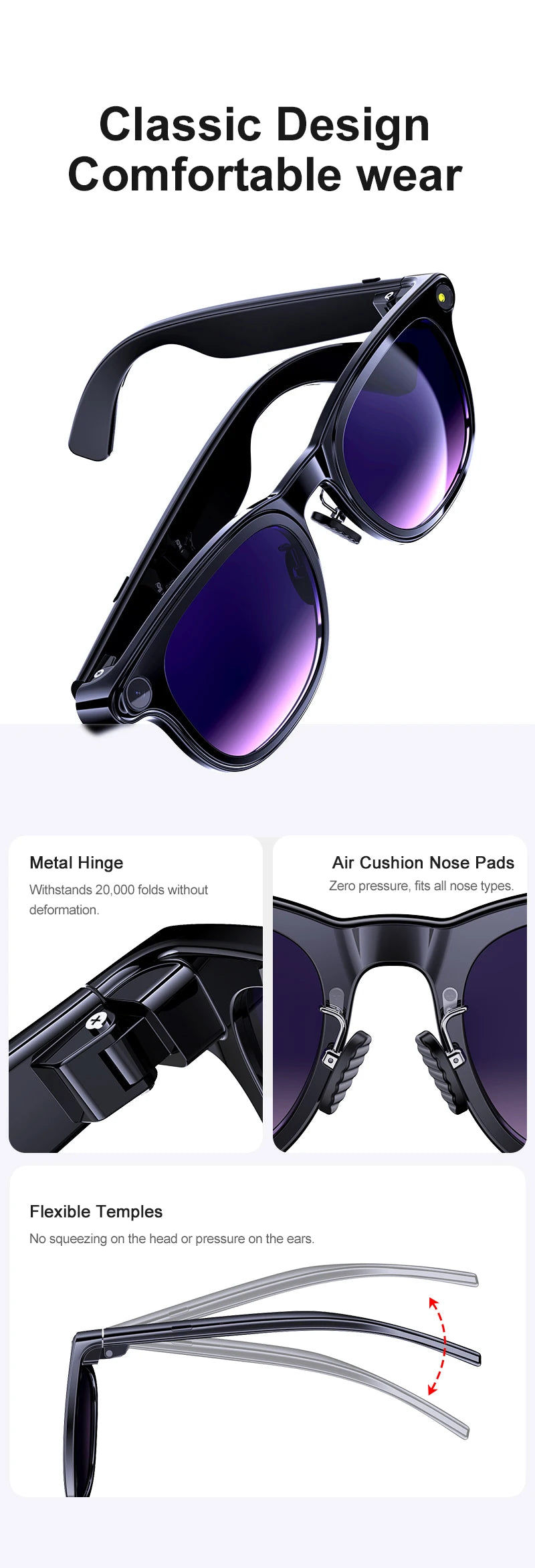 AI Smart Glasses 800W HD Camera Photo Video Record Voice Assistant Real-time Translation Waterproof Chat GPT Music Smart Glasses