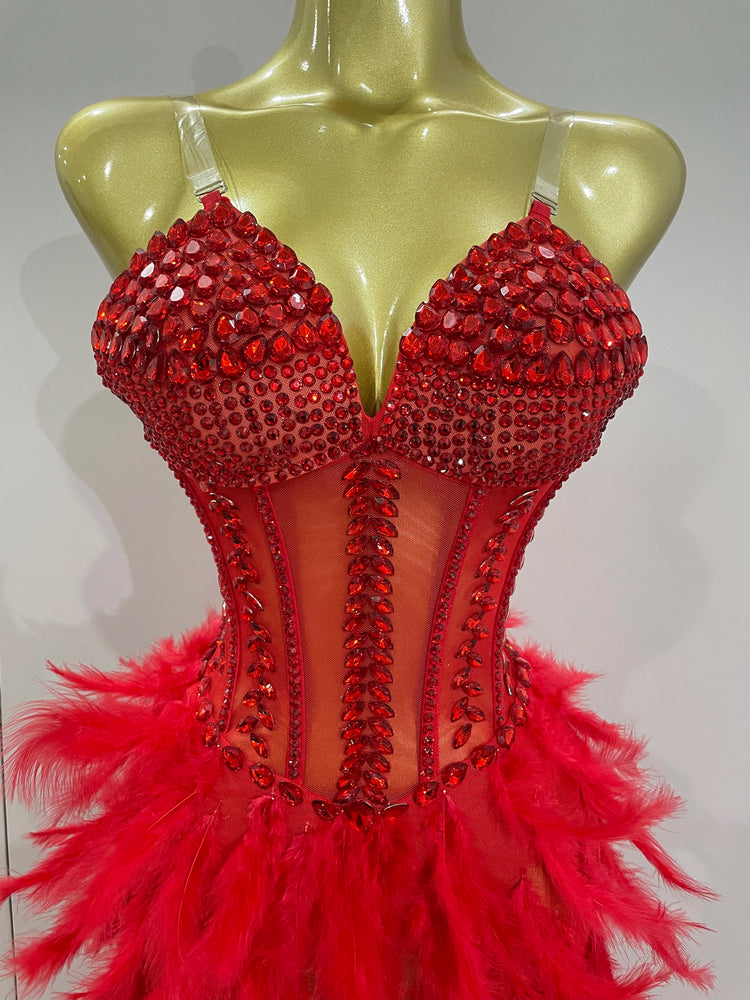 Luxury Sparkly Rhinestones Feathers Long Tail Dress Sexy Mesh Transparent Stage Bodysuit Evening Party Celebrate Birthday Dress