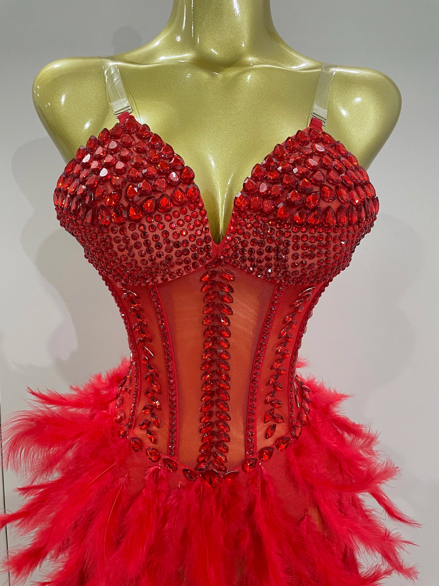 Sparkly Rhinestones Feathers Long Tail Bodysuits Sexy Mesh Transparent Stage Dress Evening Party Celebrate Luxury Birthday Dress