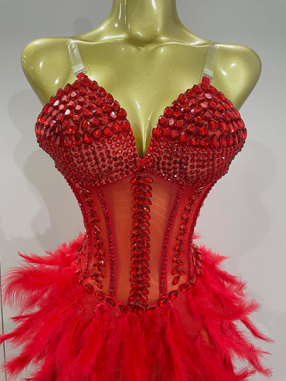 Sparkly Rhinestones Feathers Long Tail Bodysuits Sexy Mesh Transparent Stage Dress Evening Party Celebrate Luxury Birthday Dress