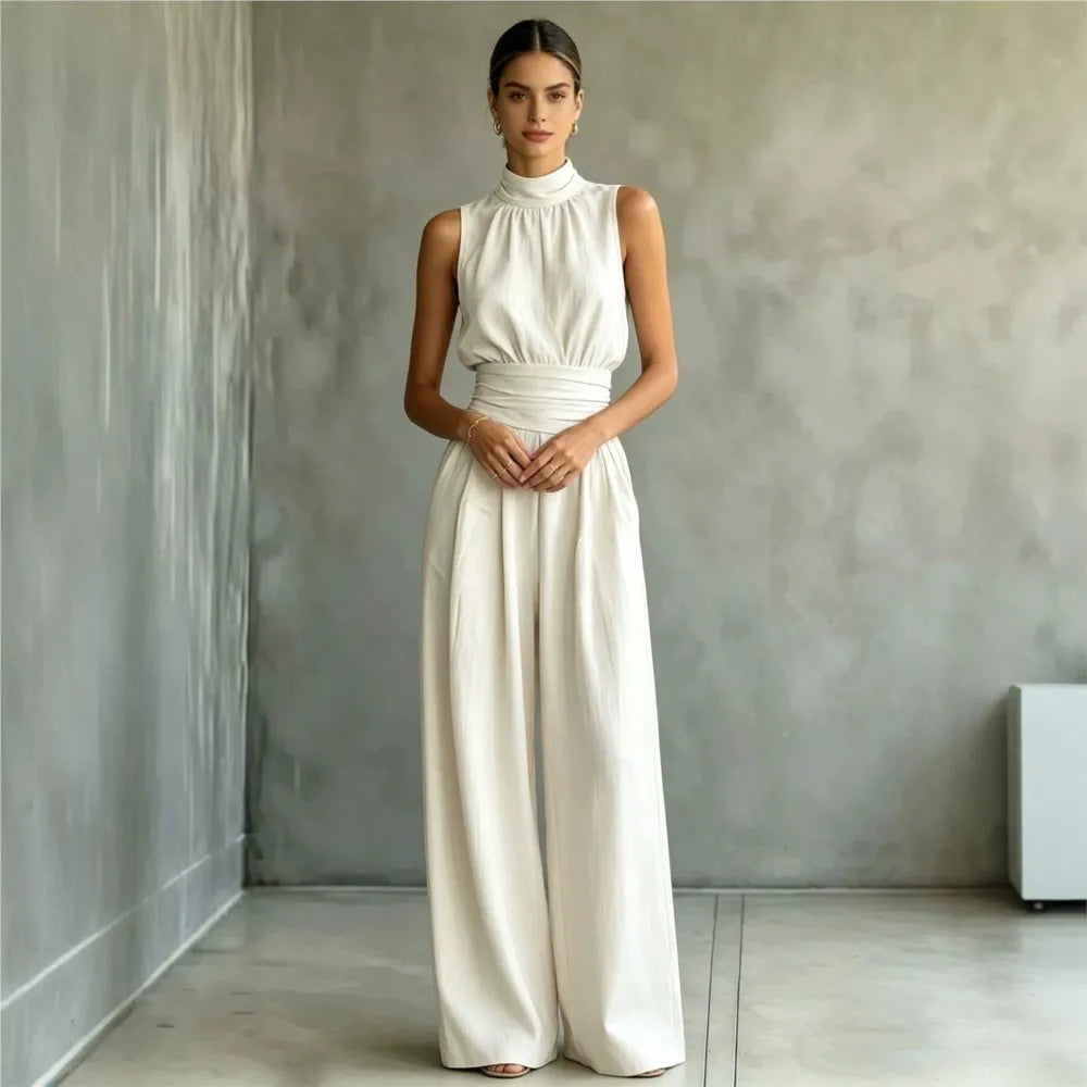 Summer New Fashion Half Turtle Collar Sleeveless Women's Jumpsuit 2026 Elegant Slim Waist Shaping Wide Leg Female Rompers
