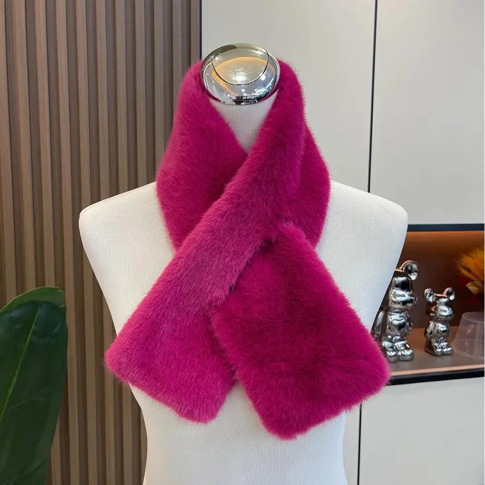 Korean Women Winter Warm Thicken Cross Collar Scarf Imitation Faux Rabbit Fur Scarf Solid Furry Neck Warmer Cold Proof Scarves