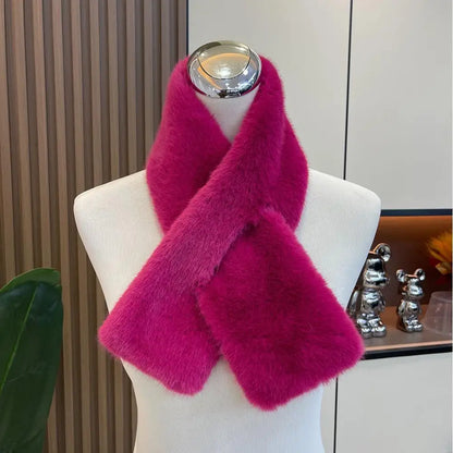 Korean Women Winter Warm Thicken Cross Collar Scarf Imitation Faux Rabbit Fur Scarf Solid Furry Neck Warmer Cold Proof Scarves