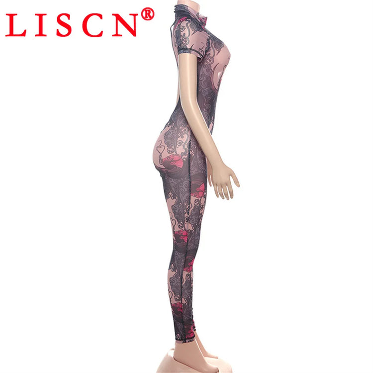 10 Wholesale Items Jumpsuits Women Summer 2025 Short Sleeve Bodycon Sexy Y2k Printing Mesh See Through Backless Rompers K15151