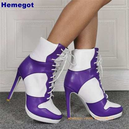 Round Toe Sports Lace Up Women's Short Boots 2025 Thick Sole Mixed Color Stilettos Autumn Winter New Street Style Casual Rock Bo