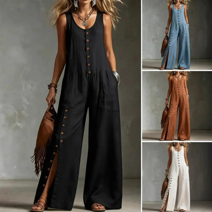 2026 Sexy V Neck Fashion 2026 Spring Pocket Wide Leg Jumpsuit Button Down Sleeveless Wide Leg Rompers Summer Loose Wear Overall