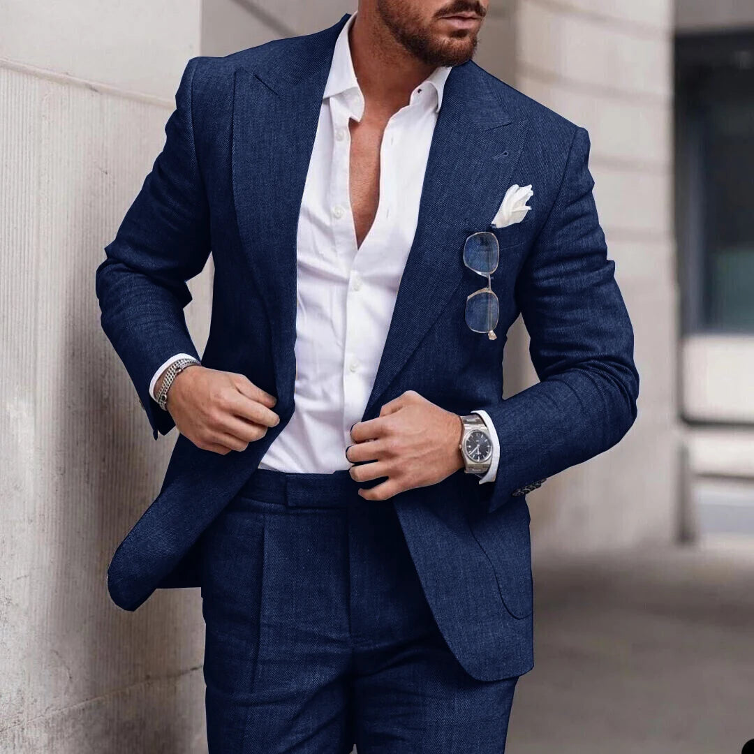Men's 2 Piece Linen Suit Slim Fit Notch Lapel Casual Blazer Jacket & Trousers Business Wedding Party Formal Dress Set for Men