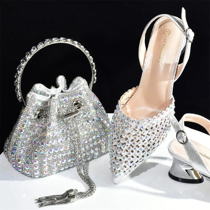 Doershow charming Shoes And Bag Matching Set With silver Hot Selling Women Italian Shoes And Bag Set For Party Wedding!  HAB1-9