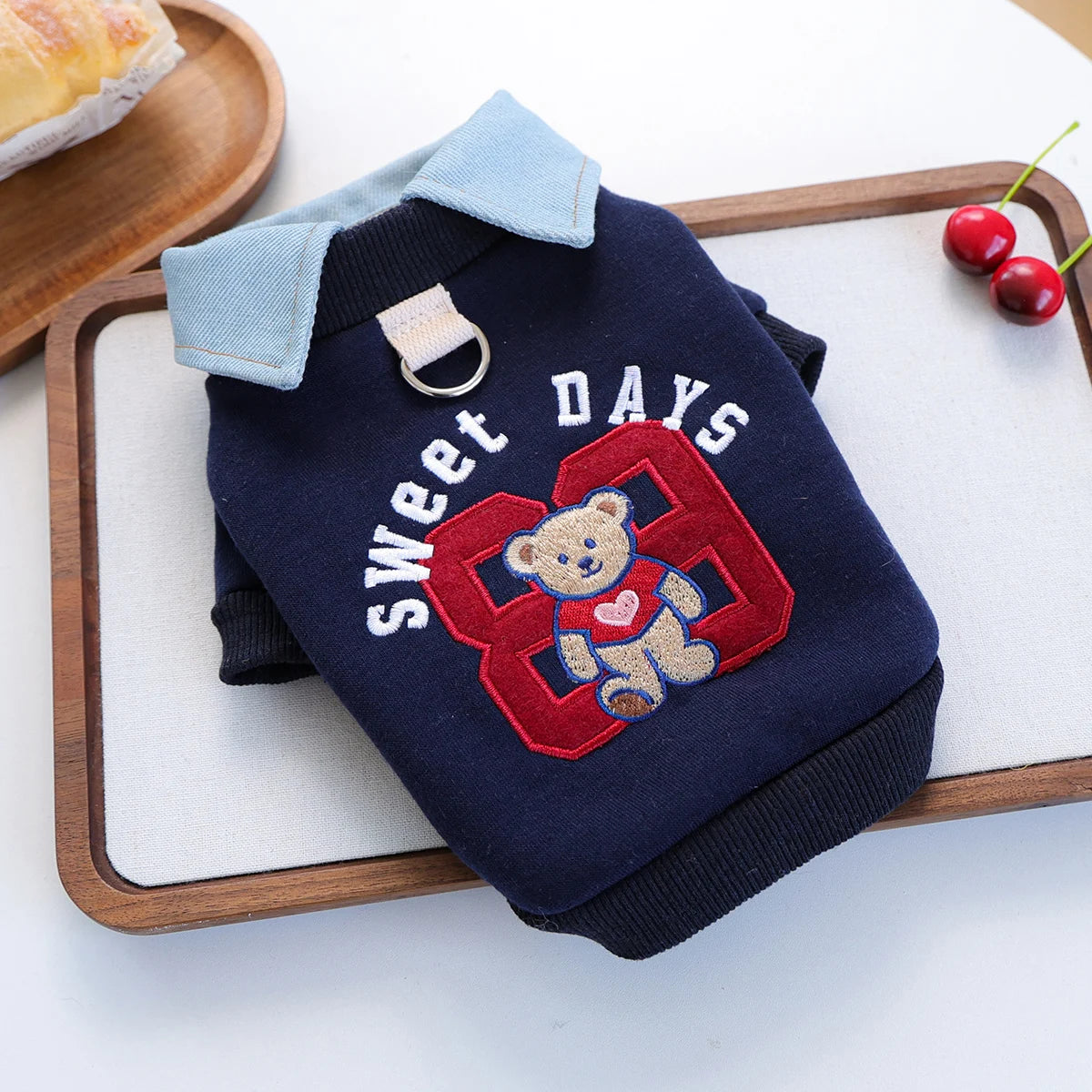 Preppy Bear Pet Sweatshirt, Navy with Denim Collar, Embroidery, D-Ring Included, Pullover Two-Legged Outfit for Small Dogs &Cats