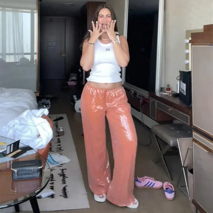 Elegant Sequined Women's Trouser Mid-Waist Lace Up Straight Mop Pants 2026 Summer Autumn Fashion Female All-Match Bottom