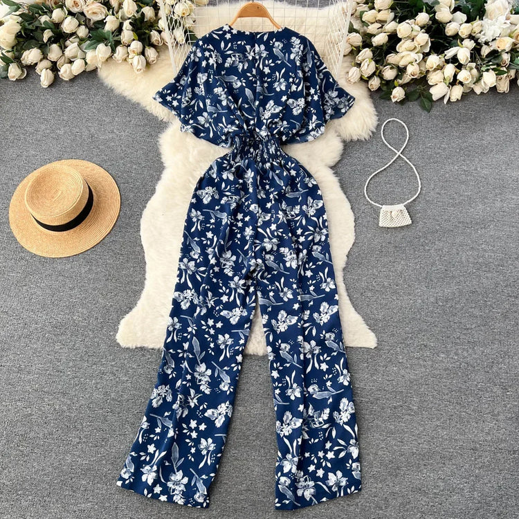 2026 New Summer Beach Summer Floral Jumpsuits Fashion V Neck Elastic Slim Short Sleeve Streetwear Vacation Retro Long Rompers