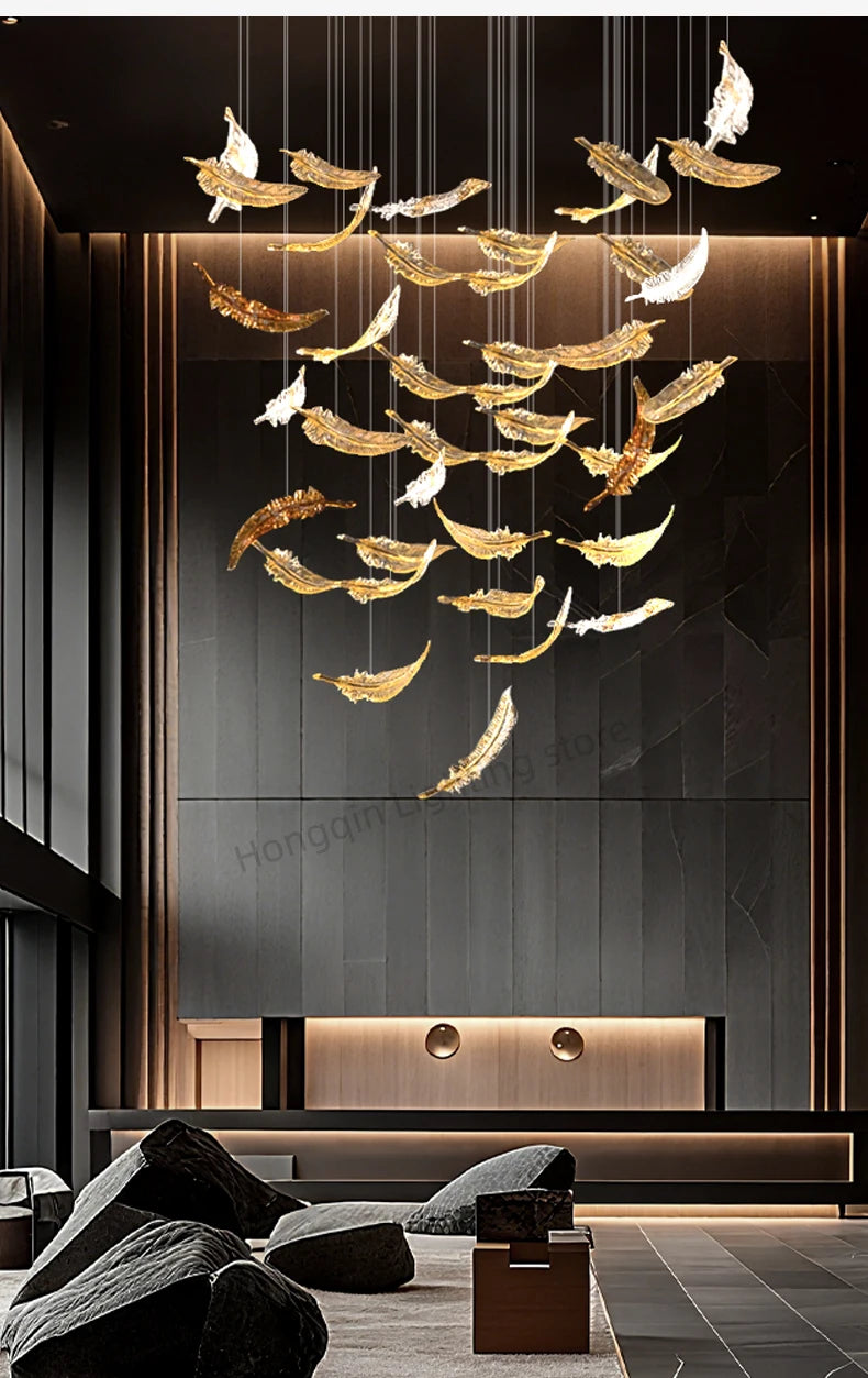 Modern Hotel Lobby Hanging Lamp Luxury Glass Led Chandeliers Customized Long Pendant Light Villa High Ceiling Chandelier Lustre