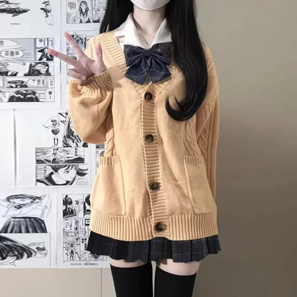 School Autumn Winter Lazy Style Japanese JK Knit Cardigan Loose College Sweater Plaid Skirt Matching Set For Campus Daily Class