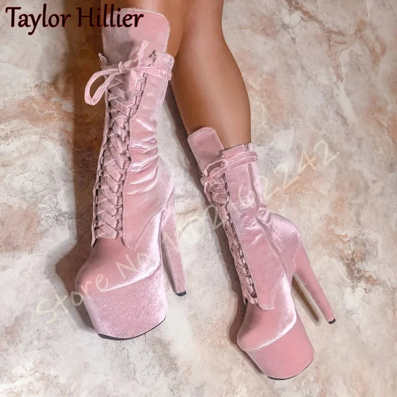 Velvet Super High Heel Ankle Boots Sexy Side Zipper Lace-Up Nightclub Thick-Soled Ankle Boots Elegant Catwalk Pole Dance Boots
