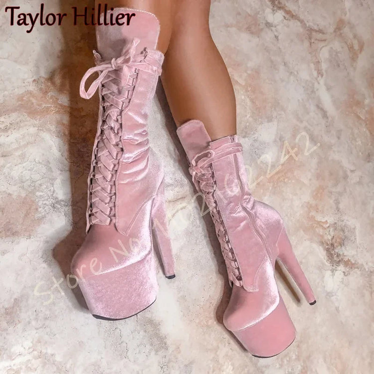Velvet Super High Heel Ankle Boots Sexy Side Zipper Lace-Up Nightclub Thick-Soled Ankle Boots Elegant Catwalk Pole Dance Boots