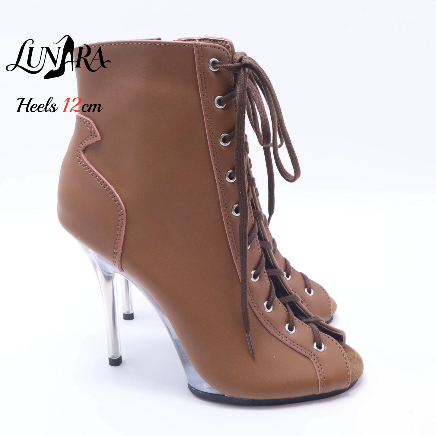 12cm/5Inch Plus size Beige PU Leather Lace-up Side zipper Peep toe High Stilettos Ankle boot Pole dancing Nightclub Rave Parties