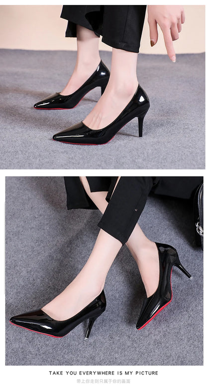 Sexy Pointed Toe Patent Leather High Heels Temperament Girl Red Sole Party Dress Stiletto Pumps Classic Black Work Single Shoes