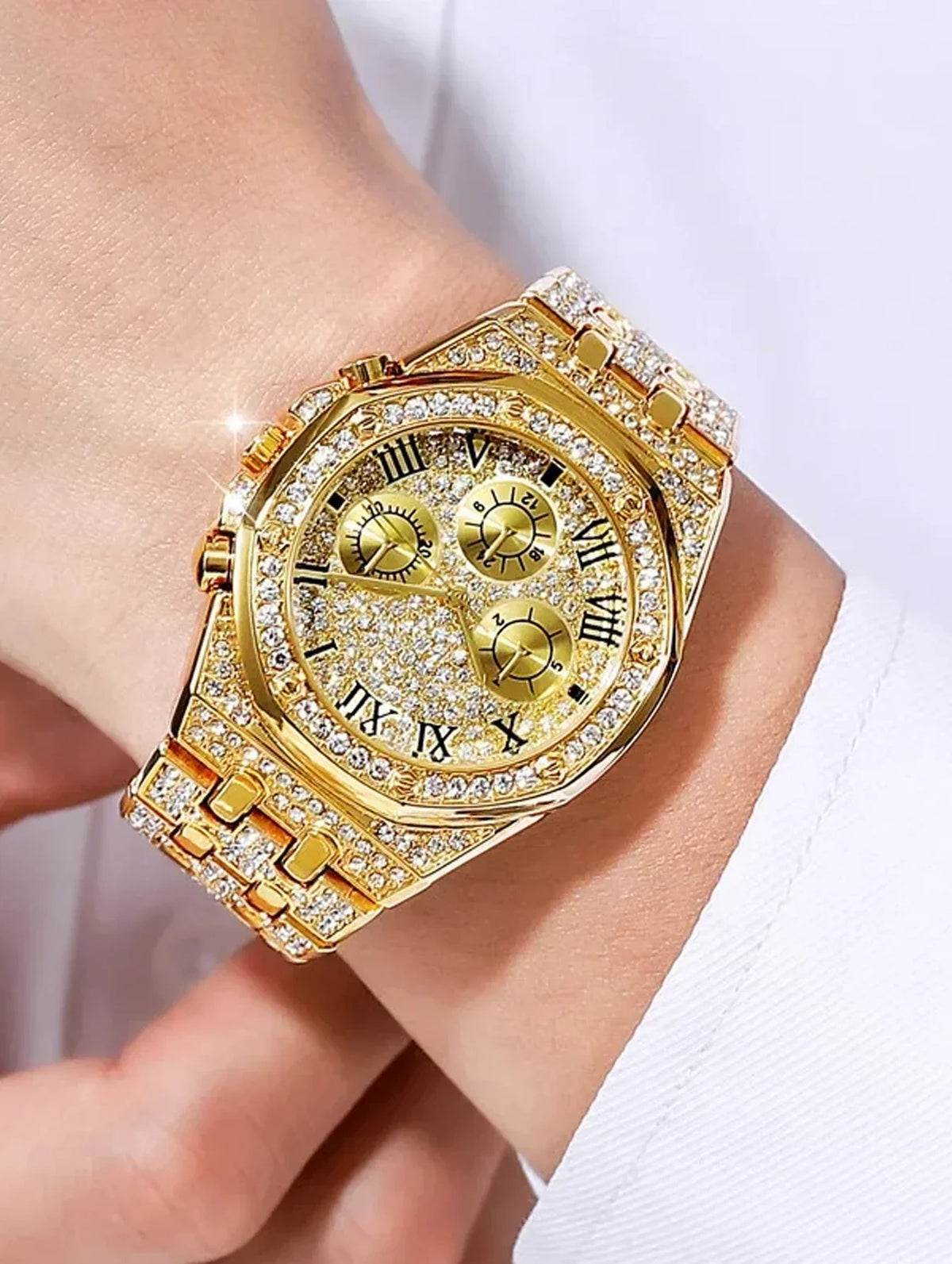 Fashion watch gift set, diamond studded hip-hop watch bracelet necklace set, quartz watch set