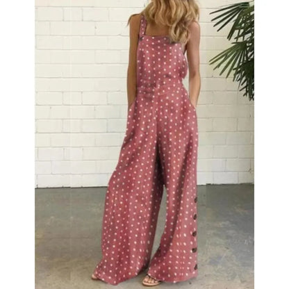 Women Summer Loose Printed Jumpsuits Sleeveless Bib Overalls Siamese Button Wide Leg Pants Long Trousers Female Fashion Clothing