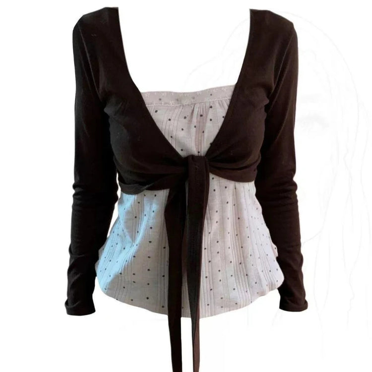 Korean Fashion Elegant Patchwork Lace Tops Slim Casual Long Sleeve Blouse 2000s American Vintage Sweet Pullover Chic