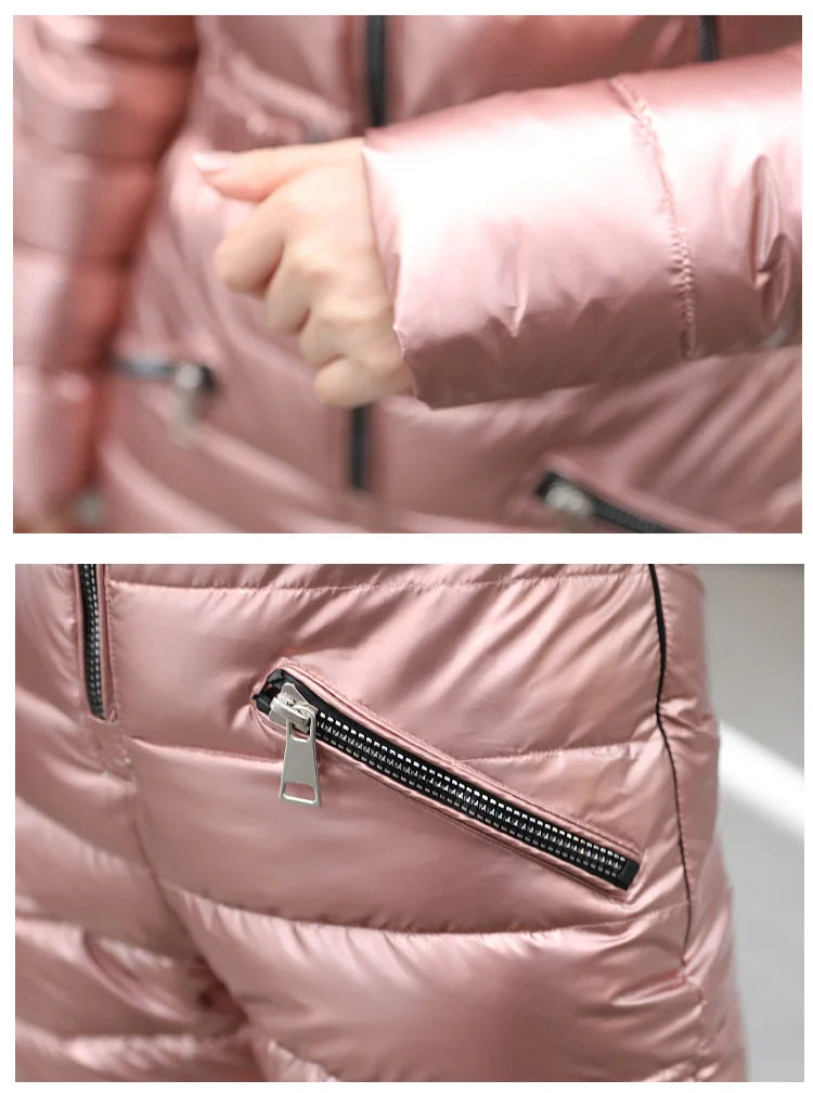 Jumpsuits One Piece Ski Suit Winter Thicken Snow Place Down Cotton Women Suits Warm Hooded Waist Slim Shiny Outdoor Sports