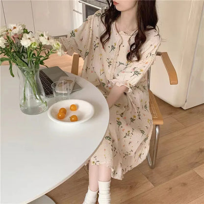 Girl Pajamas Sweet Cute Little Bouquet Printed Bubble Cotton Nightgown Lace Loungewear Princess Wind Women Homewear Dress