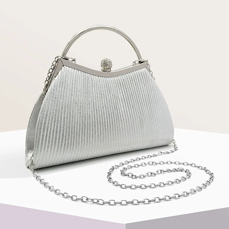Pleated Evening Handbag Women Top Handle Glitter Day Clutch Ladies Wedding Dinner Dressed Clip Bag Diamond Party Purse Gold