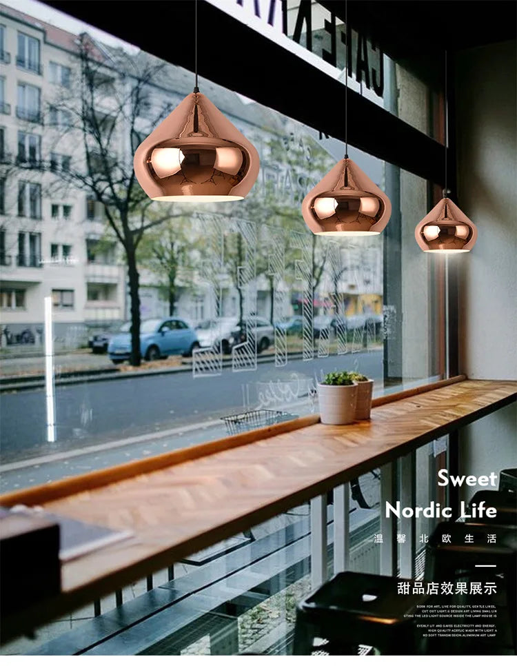 Nordic Rose Gold Pendant Lights Plated Metal Hanging Lamp Fixtures Dining Room Kitchen Island Bar Cafe Indoor Decor Lighting E27