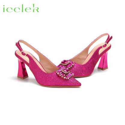 Women High Heels Sandals Shinning Material with Rhinestone Italian Design T.Blue Color Pointed Toe Shoes and Bags Set