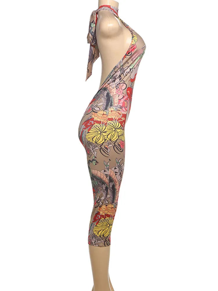 Kliou Colorful Print Playsuits Woman Bandage Halter Backless Skinny Peach Hip Female Midnight Club Party Sexy Fashion Rompers